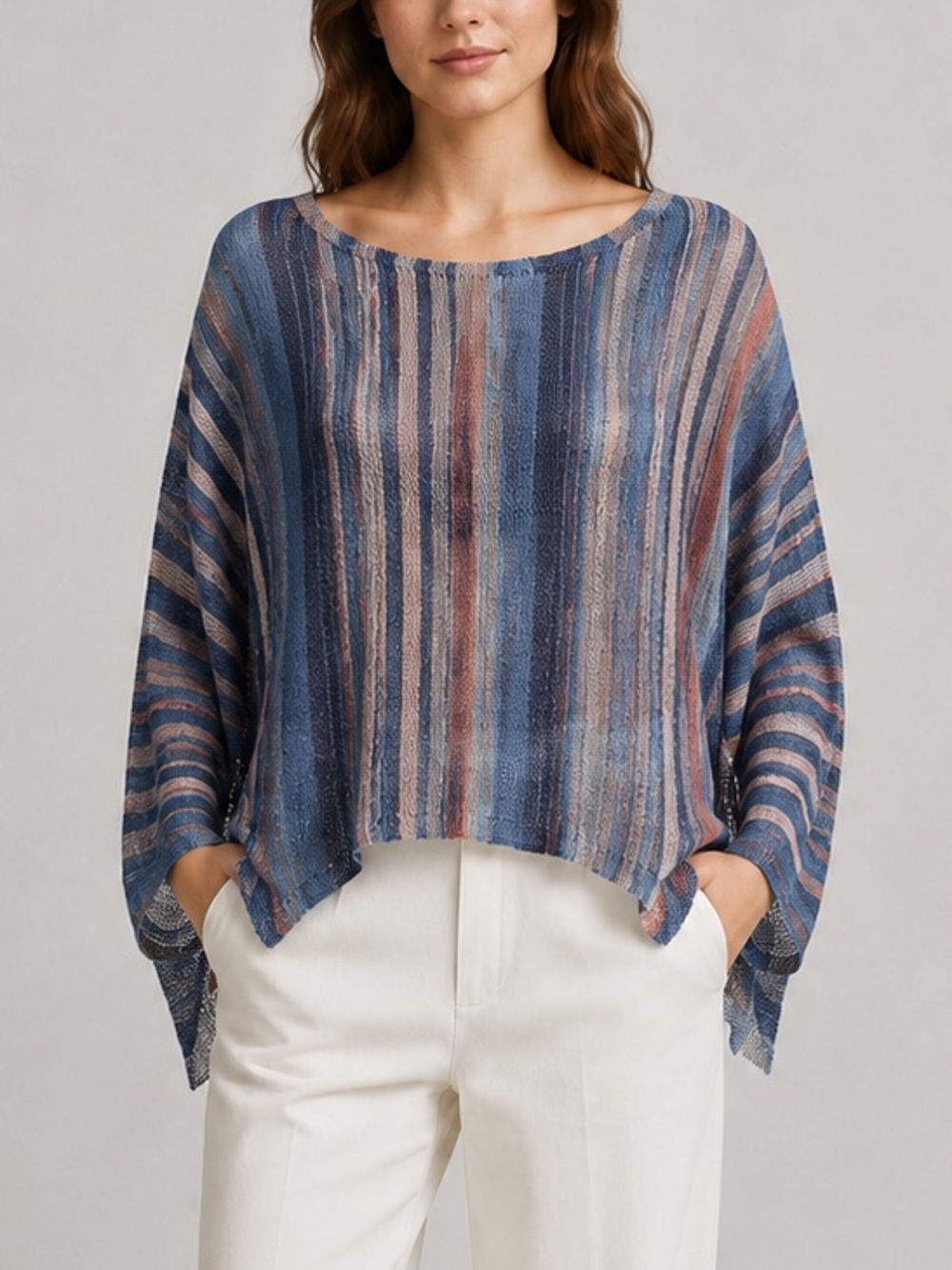 🆕⭐️M Collection Made in Italy Striped Knit Top Blue Orange Mesh Size M Casual